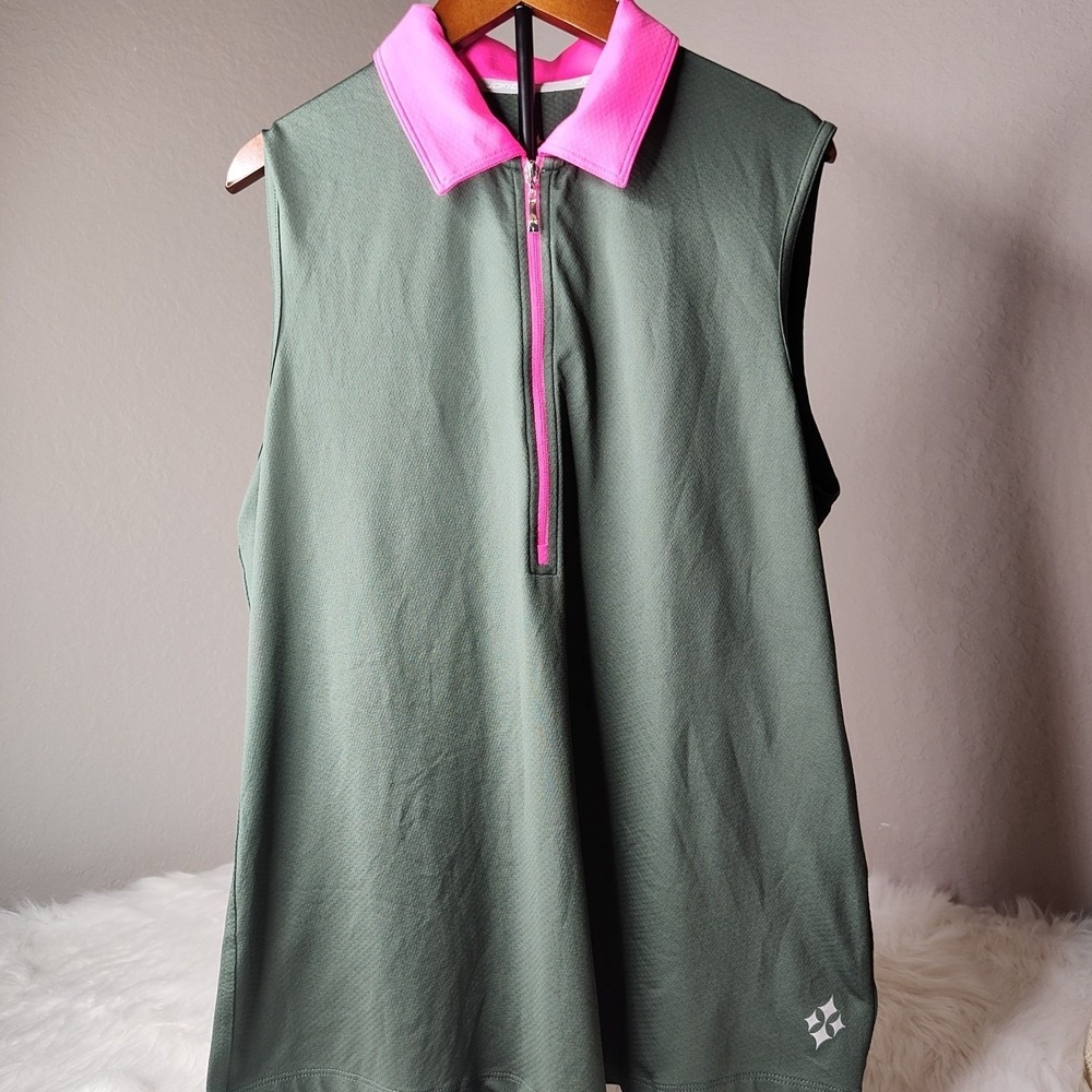 Jofit Sleeveless Polo Women XL Olive Green Pink Quarter Zip Golf Tennis Top